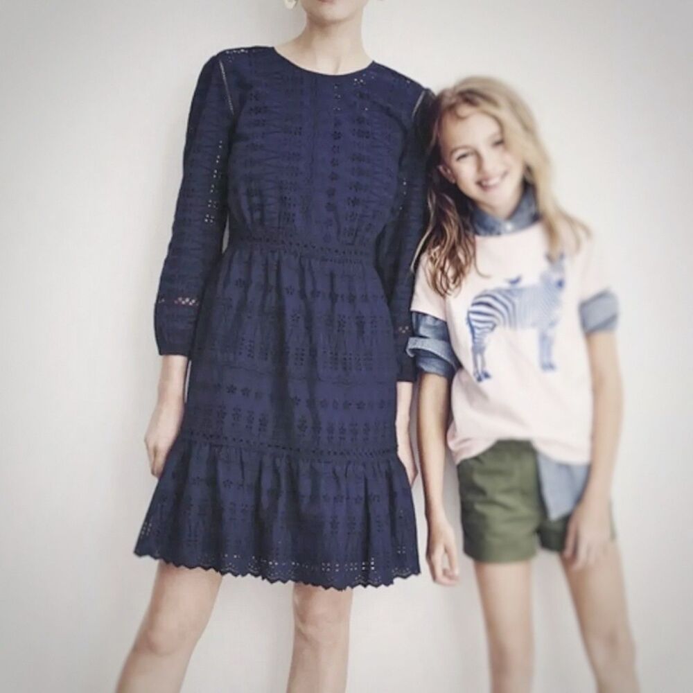 J.Crew Navy Eyelet Lace Embroidered A-line Bishop Sleeve Cotton MiniDress, Sz. 6